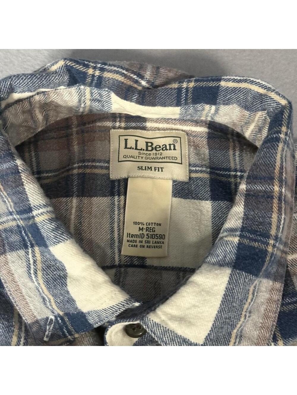 LL‎ Bean Slim Fit Flannel Shirt Men’s M Blue Brown Tartan Plaid Button Up Casual - Picture 5 of 11
